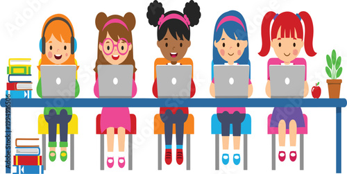 Diverse group of girls learning with laptops in classroom vector illustration featuring students studying online for e-learning and STEM education technology design