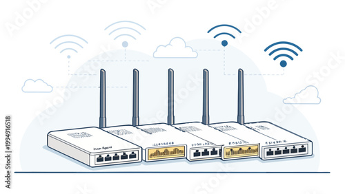Set of wireless network routers and access points with antennas for internet connectivity