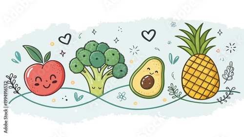 Cute cartoon fruits and vegetables seamless border, healthy food illustration with apple, broccoli, avocado and pineapple, vector illustration