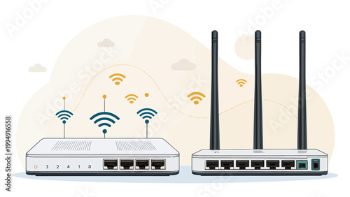 Illustration of two different types of network routers with antennas and ethernet ports