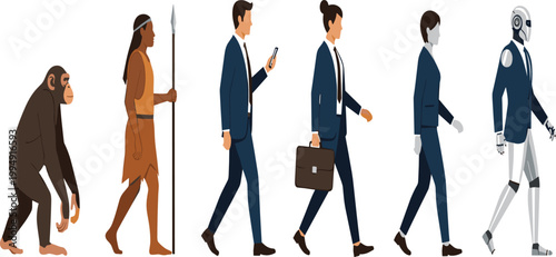Evolution of work vector illustration showing human progress from primate and hunter to modern business professionals and humanoid robot in flat style.