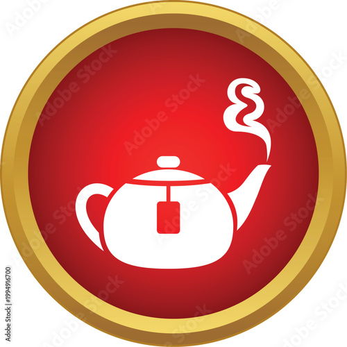 White teapot with a teabag and steam on a red circle background