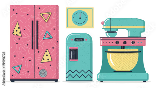 Retro kitchen appliances set including a pink patterned refrigerator, a teal mini fridge, a wall clock, and a stand mixer in a vintage style