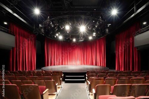 Empty Theater With Red Curtains and Lights Before a Performance at Night