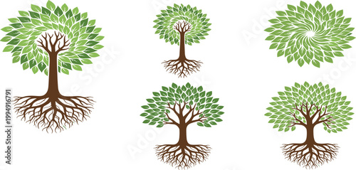 Green tree logo vector set featuring 5 designs with exposed roots and leafy canopies for environmental branding sustainability and nature conservation identity design