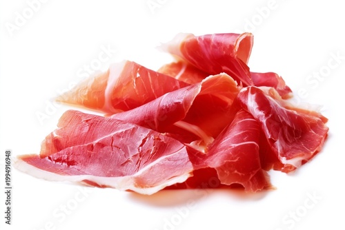 Slices of Cured Ham Displayed on a White Background Ready for Serving With Ch...