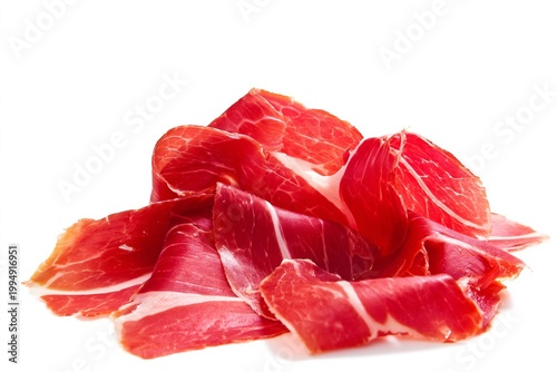 Slices of Cured Ham Displayed on a White Background Ready for Serving With Ch...