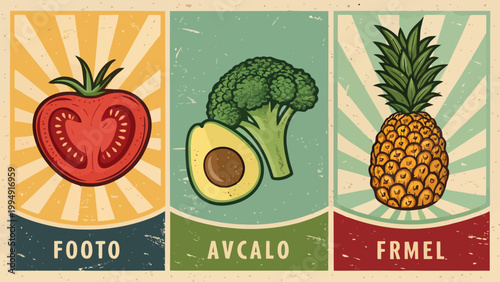 Vintage style food posters set featuring a tomato, broccoli with avocado, and a pineapple with retro sunburst backgrounds and distressed texture