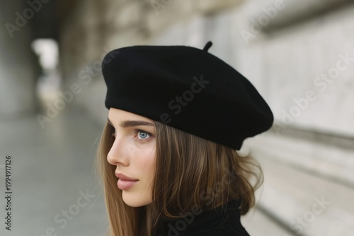 Young Woman Wears Black Beret While Standing in City Corridor During Daylight...