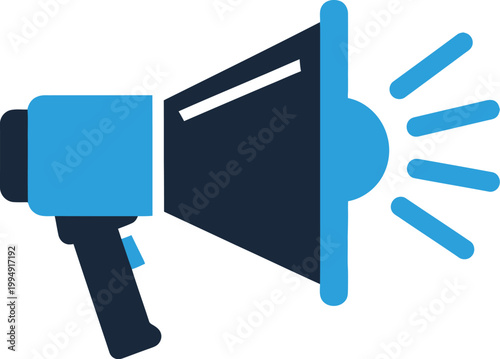 Megaphone icon features a bold blue and dark charcoal color scheme with dynamic sound waves radiating outward on a plain background.