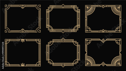 Set of six ornate art deco frame borders with geometric patterns, black