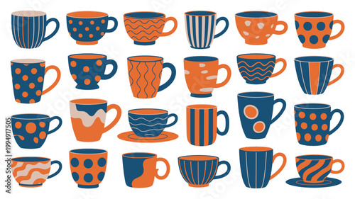 Ceramic coffee mugs grid set, large variety patterned colorful cups arranged for kitchen illustration, home tableware design vector