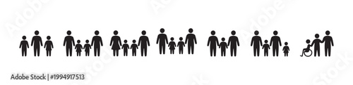 Family diversity and inclusion icons collection representing different households in flat black style