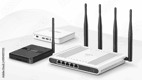 Set of modern wireless internet routers and network devices for home and office connectivity