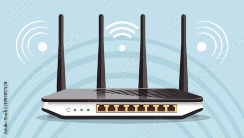 Wireless router with four antennas and wifi signal waves on a light blue background