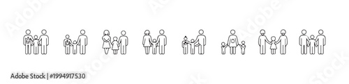 Extended family structure line icons featuring pregnancy and multi generational household concepts
