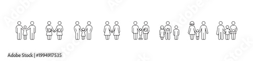 Diverse family line icons depicting pregnancy and different modern parent child relationships set