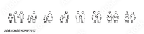 Parent and child bond line icons representing single parents and diverse family pairs collection