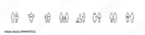 Modern family and inclusion line icons showing disability and pregnancy in diverse household types