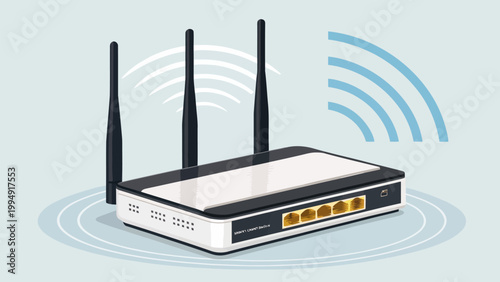 Wireless router with three antennas emitting wifi signal waves, network equipment for internet connection, modern digital communication device