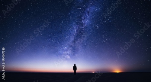 Lone figure gazes at star-filled night sky, vast