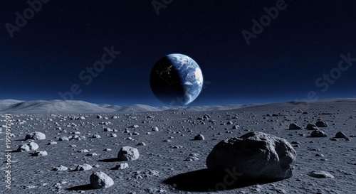 Lunar surface, Earth rise, starry sky