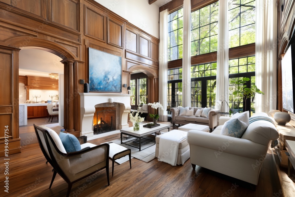 Fototapeta premium Living Room With Large Windows and Wooden Features in a Modern House