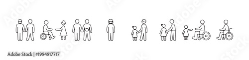 People with disabilities diverse couples family relationships stick figures social inclusion linear icon set