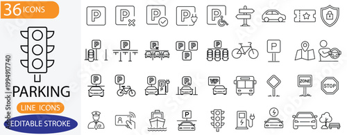 Parking Line Icons Set. Features icons of traffic lights, parking signs, cars, public, vector, stop, and charging stations. Perfect for navigation apps and UI design.