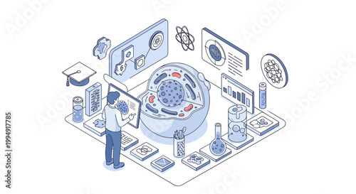 Isometric Scientific Research and Cell Biology Laboratory Illustration with Scientist Studying Cell Anatomy and Microscopic Data