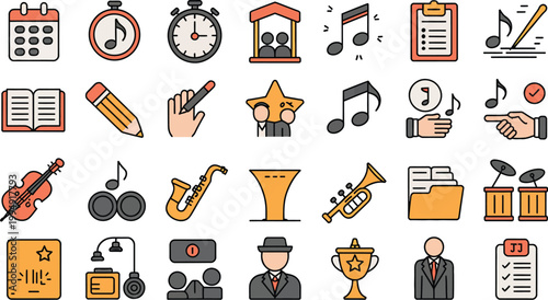 Orchestra music icon set in linear style, collection of editable stroke vector icons including conductor, violin, stage, notes, metronome, concert, gear, sheet music, and award, perfect for music,