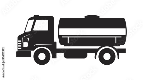 Tanker truck silhouette with cylindrical tank for liquid transport side profile, delivery truck logistics and freight transportation concept