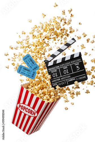 Obraz na płótnie Cinema popcorn box with clapperboard and movie tickets