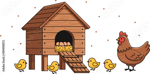 Wooden chicken coop vector illustration featuring hen with yellow chicks and eggs in nest for organic farming and children education in flat style.