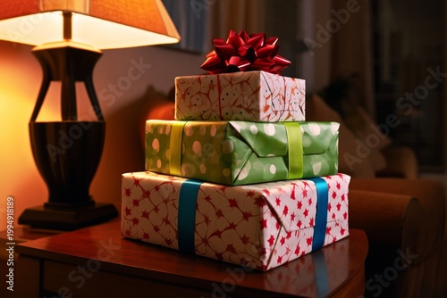 Gift Boxes Stacked on a Table Beside a Lamp in a Living Room During Evening H...