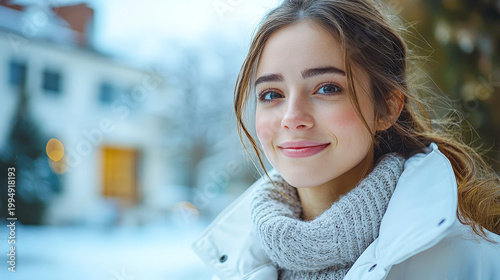 Woman Smiles While Standing in Snow Outside a Building During Winter Season in a Quiet Town Setting