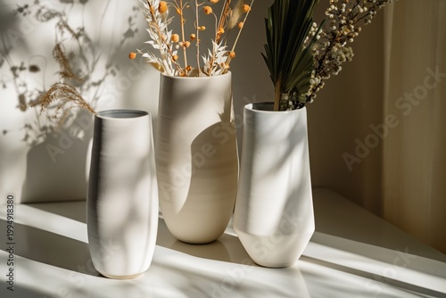 Three Vases With Flowers Arranged on a Table in a Well-Lit Space During the Day