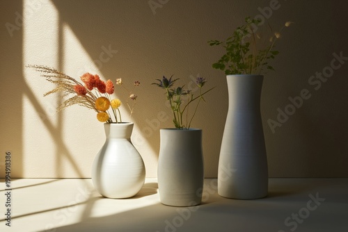 Flowers in Vases on a Table With Sunlight in a Room