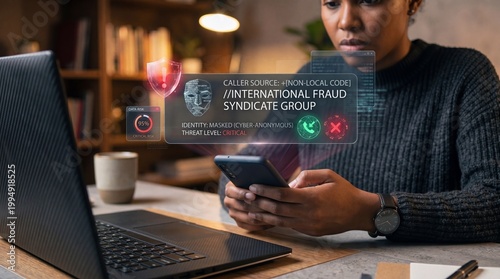 A woman sitting at a desk with a laptop and phone, surrounded by fraud alerts and cybersecurity threats