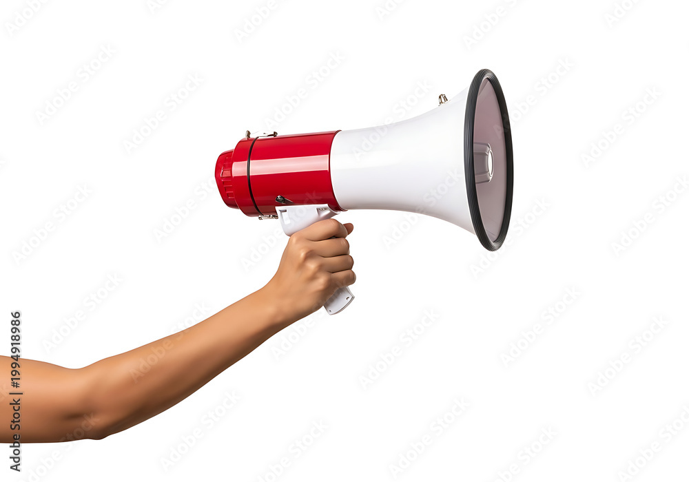 Fototapeta premium Hand holding red and white megaphone on white background for announcement with public address
