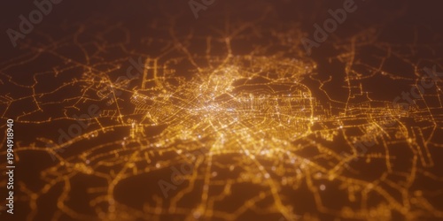 Street lights map of Tartu (Estonia) with tilt-shift effect, view from west. Imitation of macro shot with blurred background. 3d render, selective focus