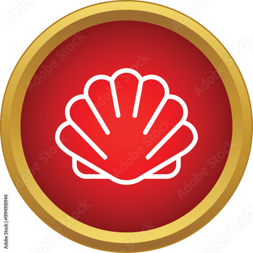White outline scallop seashell displayed on a red and gold circle icon