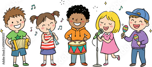 Diverse Cartoon Kids Music Band Performing Together – Colorful Illustration of Happy Children Playing Accordion, Clarinet, Drum, Singing and Maracas for Education and Music