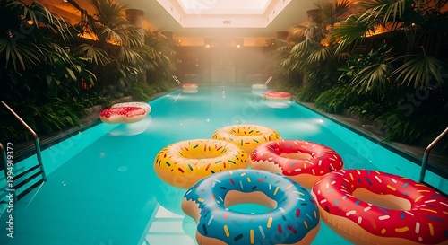 Vibrant inflatable donuts float in a sunlit swimming pool surrounded by lush tropical plants.