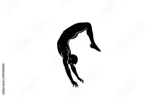 Human Silhouette in Motion: A silhouette of a human figure demonstrates a dynamic pose during athletic movement against an empty canvas, emphasizing human form.