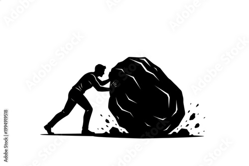 Unwavering Resolve: A silhouette of a determined individual battling a massive stone, symbolizing resilience, perseverance, and the struggle to overcome challenges.