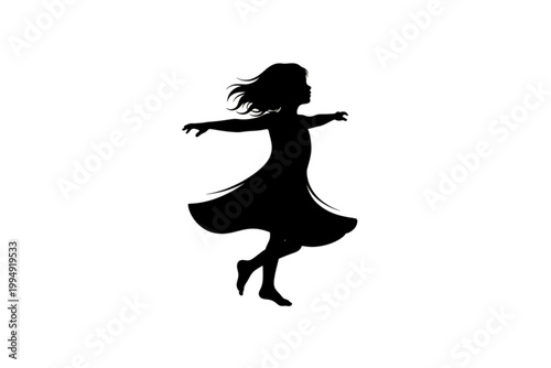 Silhouette of Joyful Twirl: A black silhouette of a young girl, captured in mid-spin, embodying freedom, grace, and pure delight. The wind playfully tousles her hair as she dances with abandon. 