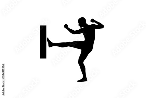 Dynamic Kick Silhouette: A focused athlete, silhouetted against a plain backdrop, powerfully executes a martial arts kick, displaying strength and precision.