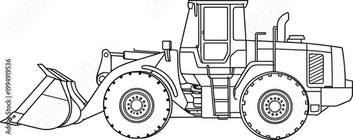 Heavy wheel loader construction vehicle side view detailed outline industrial equipment vector illustration
