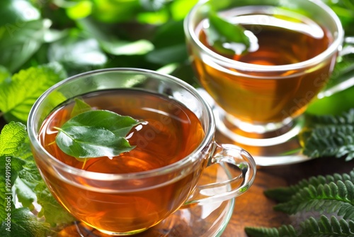 Freshly Brewed Tea With Herbs in Clear Cups on a Wooden Table Surrounded by G...